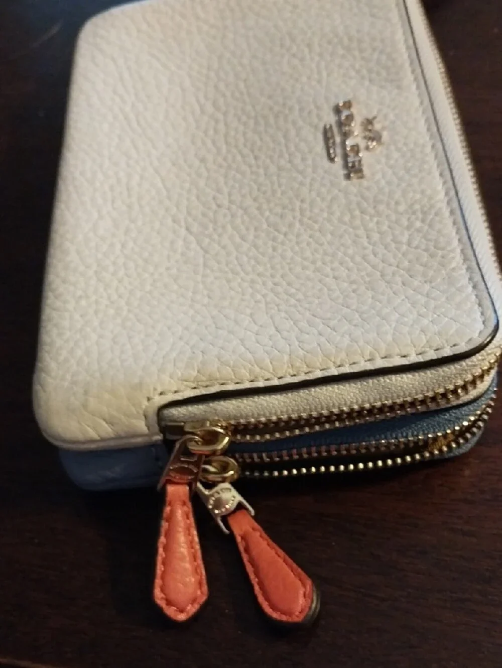 Coach Cream Pebbled Leather Double Wristlet with Brown Tag